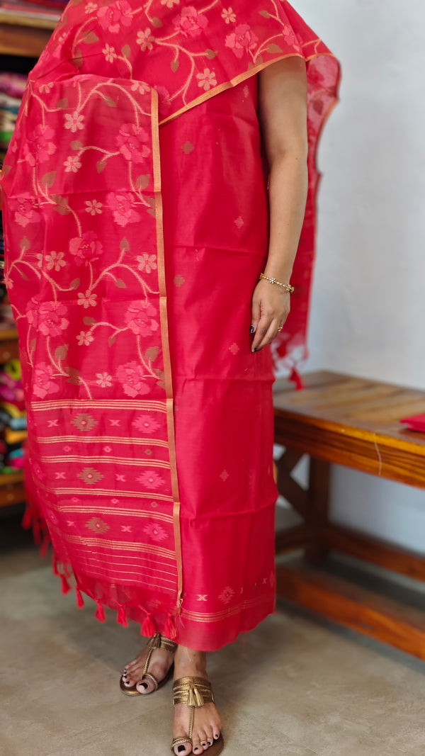 Chilli Red Linen Chanderi Jamdani Suit - DL73