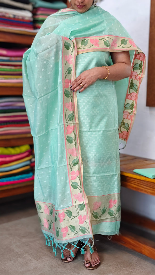 Teal Green Linen Chanderi Jamdani Suit - DL73