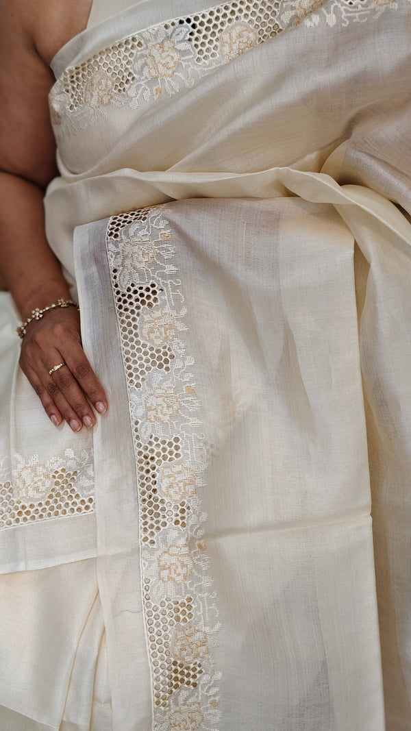 Off White and Light Beige Tussar Silk Saree with Cutwork Borders - AC65