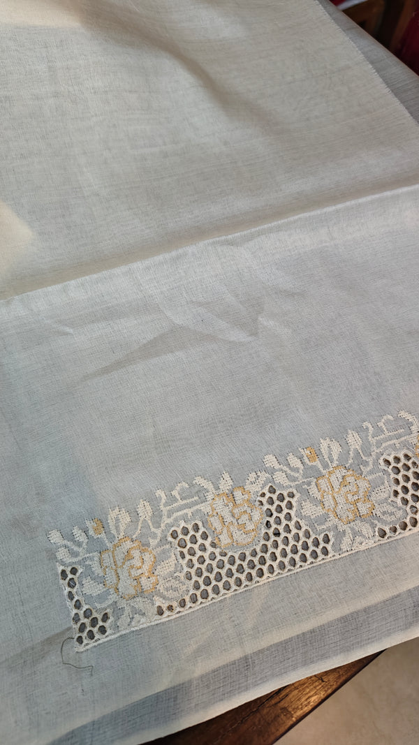 Off White and Light Beige Tussar Silk Saree with Cutwork Borders - AC65