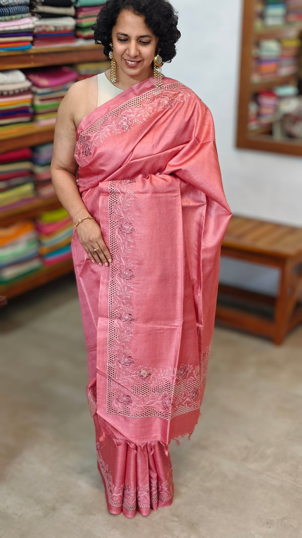 Blush Pink and Mauve Tussar Silk Saree with Cutwork Embroidered Borders - AC65