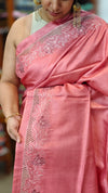 Blush Pink and Mauve Tussar Silk Saree with Cutwork Embroidered Borders - AC65