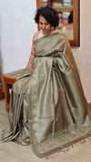 Muted Sage Green Tussar Silk Saree with Cutwork Embroidered Borders - AC65