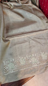 Muted Sage Green Tussar Silk Saree with Cutwork Embroidered Borders - AC65