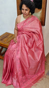 Blush Pink and Rose Tussar Silk Saree with Cutwork Embroidered Borders - AC65