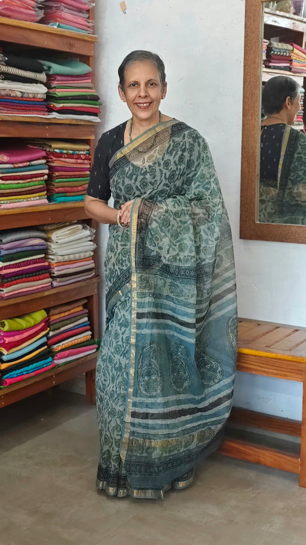 Teal and Green Block Printed Kota Doria Saree - SQ39