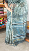 Teal and Green Block Printed Kota Doria Saree - SQ39