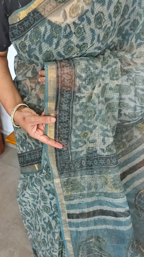 Teal and Green Block Printed Kota Doria Saree - SQ39