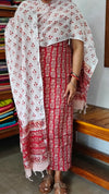 Dark Red and White Block Printed Linen Cotton Suit - FD31