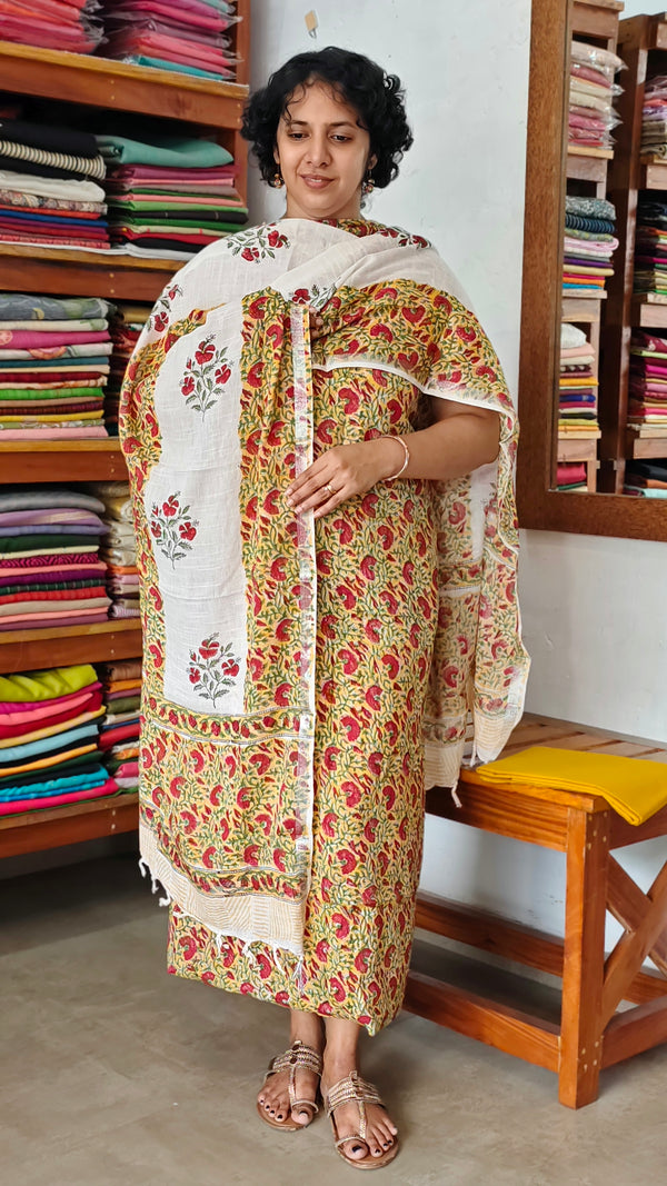 Mustard and White Block Printed Linen Cotton Suit - FD31