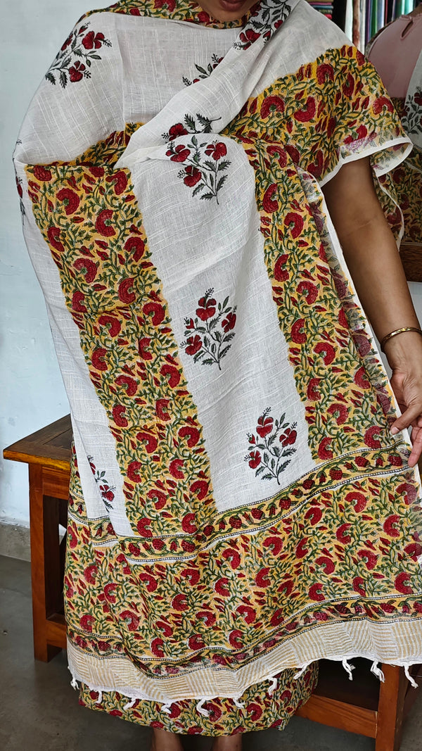 Mustard and White Block Printed Linen Cotton Suit - FD31