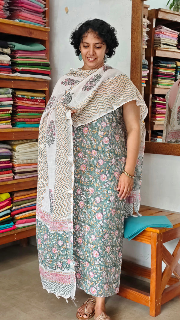 Teal and White Block Printed Linen Cotton Suit - FD31