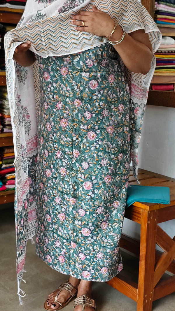 Teal and White Block Printed Linen Cotton Suit - FD31