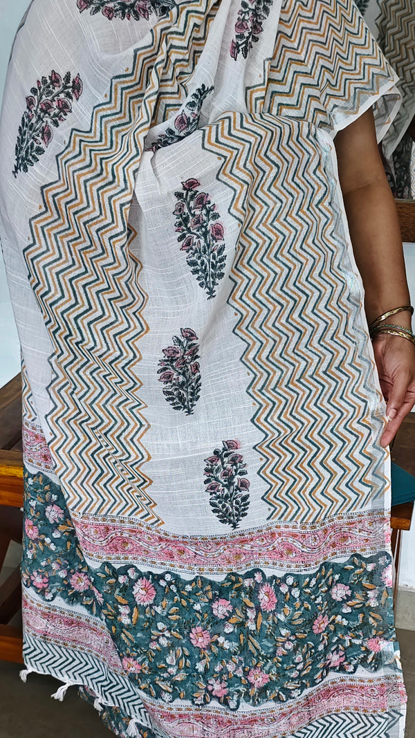 Teal and White Block Printed Linen Cotton Suit - FD31