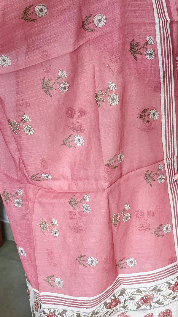 Cream and Pink Linen Cotton Suit with Hand Embroidery - BSR4