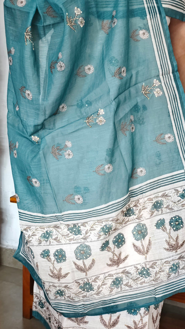 Cream and Teal Linen Cotton Suit with Hand Embroidery - BSR4