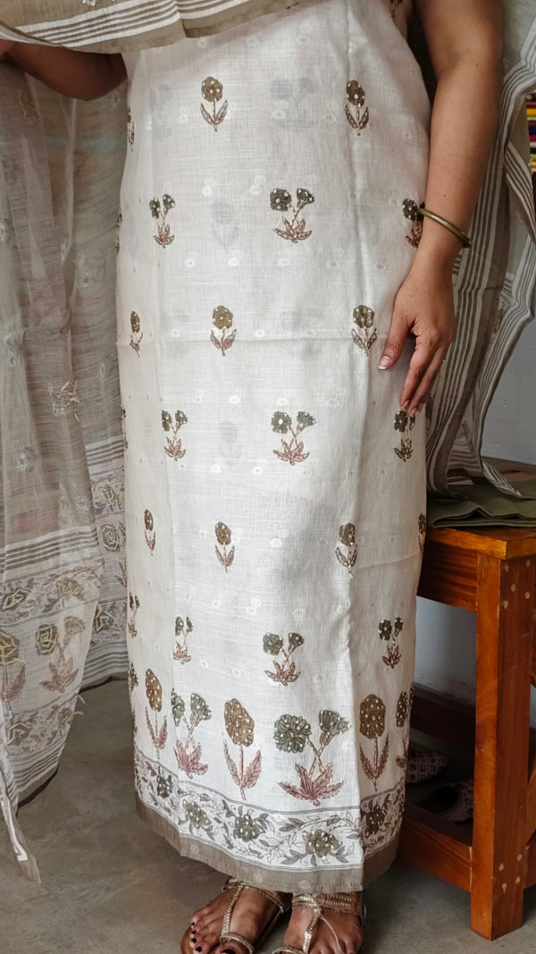 Cream and Sage Green Linen Cotton Suit with Hand Embroidery - BSR4