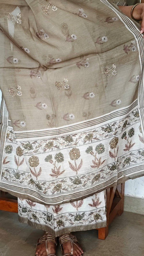 Cream and Sage Green Linen Cotton Suit with Hand Embroidery - BSR4