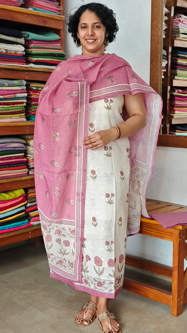Cream and Lilac Linen Cotton Suit with Hand Embroidery - BSR4