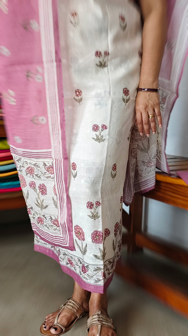 Cream and Lilac Linen Cotton Suit with Hand Embroidery - BSR4