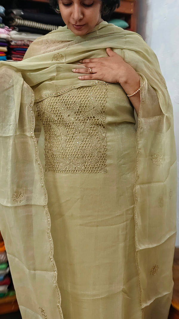 Dusty Sage Green Shimmer Organza Cutwork Suit - L38M