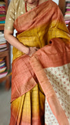 Mustard and Brick Red Zari Checked Tussar Silk Saree - GTS35