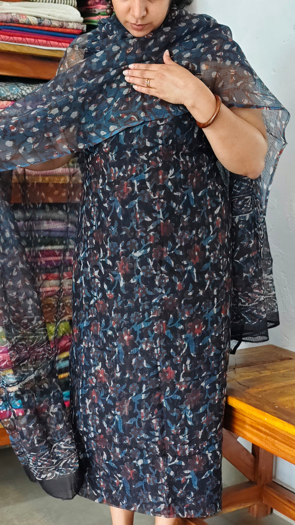 Blue and Black Bagru and Dabu Print Kota Doria Suit - GD331A