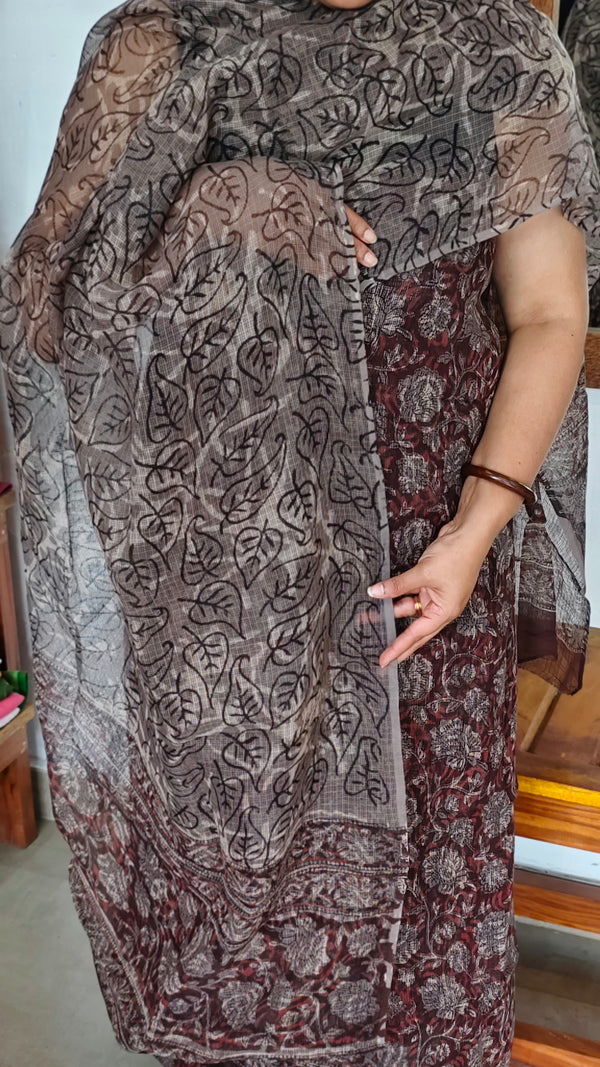 Taupe and Brown Bagru and Dabu Printed Kota Doria Suit - GD331A