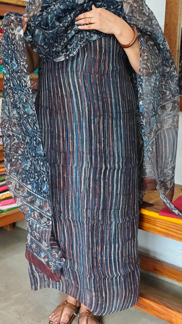 Blue and Black striped Bagru and Dabu Printed Kota Doria Suit - GD331A