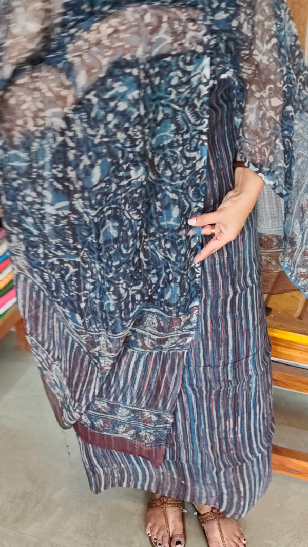 Blue and Black striped Bagru and Dabu Printed Kota Doria Suit - GD331A