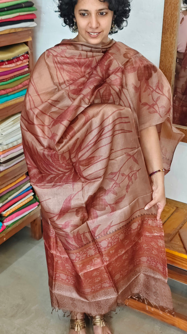 Copper Brown Printed Tussar Silk Suit - PTS25