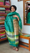 Beige and Green Printed Tussar Silk Suit - PTS25