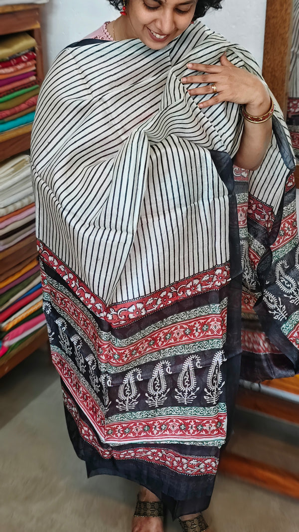 Brick Red and White Block Printed Tussar Silk Suit - PTS25