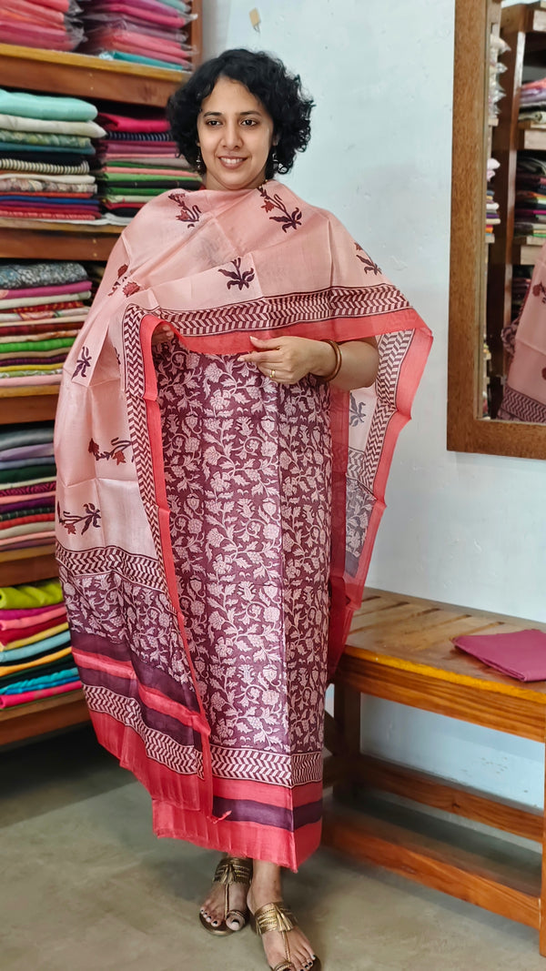 Dark Mauve and Light Pink Printed Tussar Silk Suit - PTS25