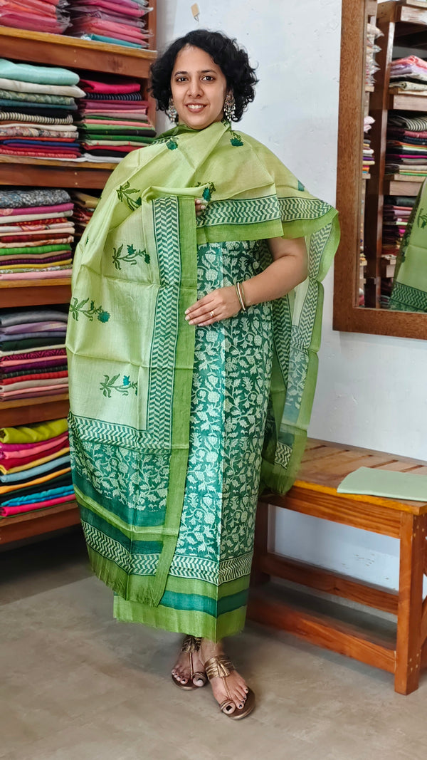 Pine Green and Pear Green Block Printed Tussar Silk Suit - PTS25