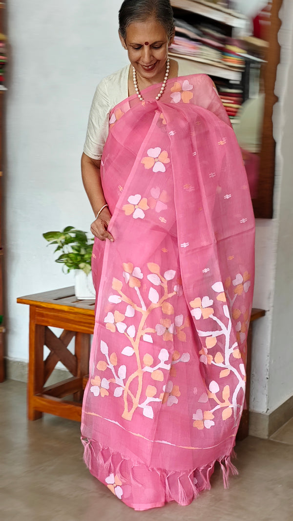 Pink Pure Muslin Jamdani Saree - 43JP
