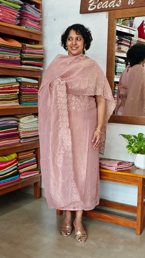 Blush Pink Embroidered Crushed Organza Suit - NJD3