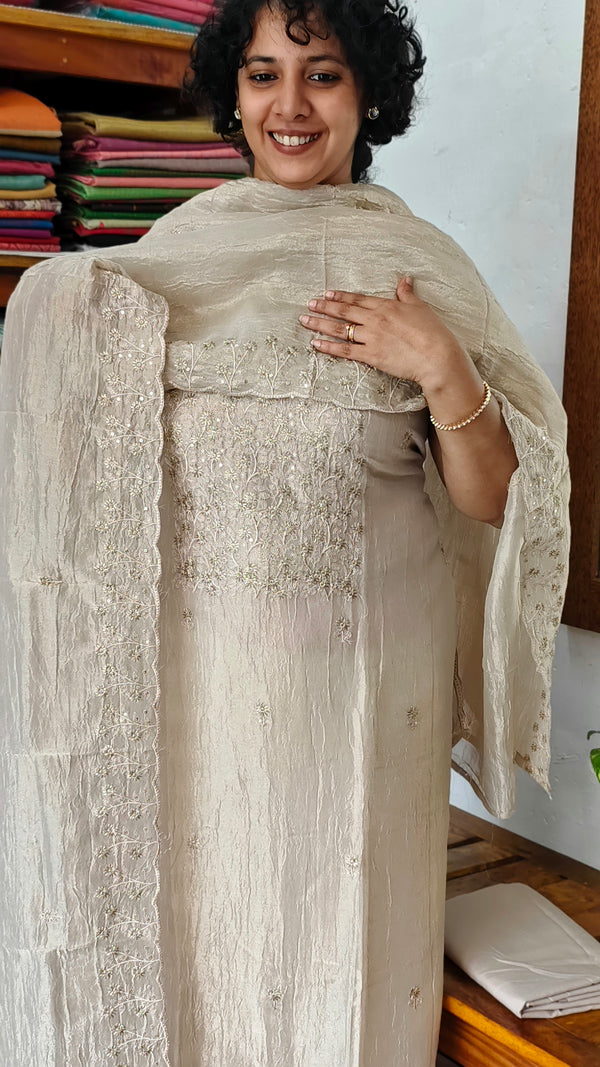 Ivory Silver Embroidered Crushed Organza Suit - NJD3