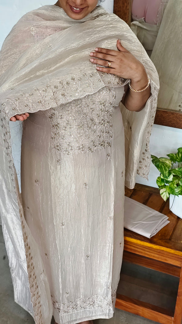Ivory Silver Embroidered Crushed Organza Suit - NJD3