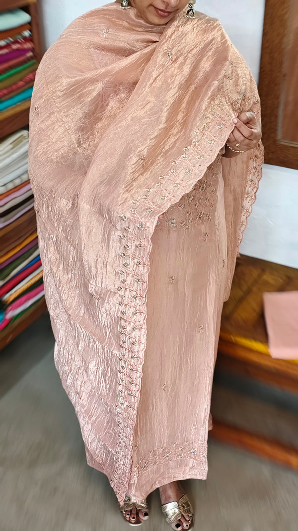 Pastel Peach Embroidered Crushed Organza Suit - NJD3