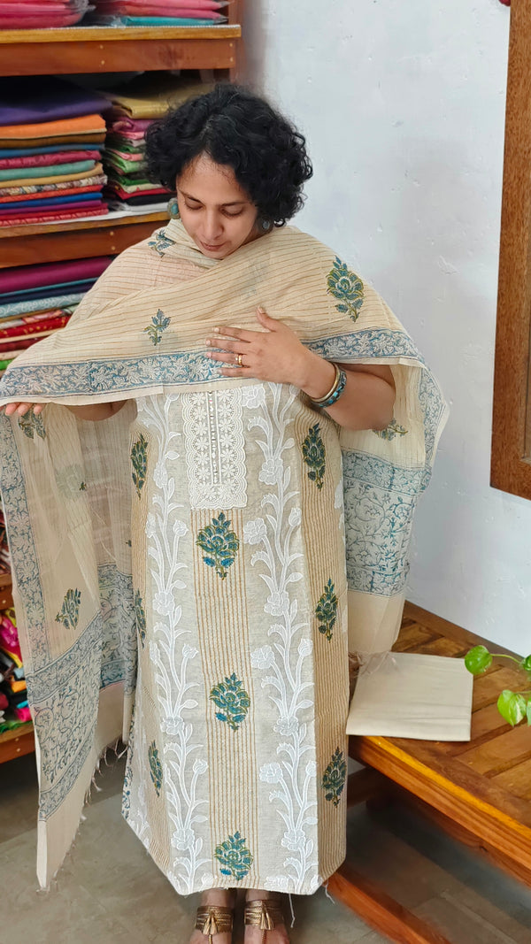 Light Beige and Blue Chanderi Suit - R299