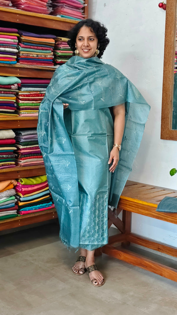 Teal Green Embroidered Tussar Silk Suit - VP25