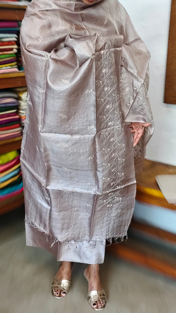 Greyish Beige Embroidered Tussar Silk Suit - VP25
