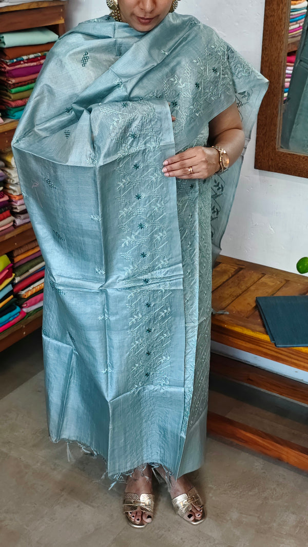 Aqua Green Embroidered Tussar Silk Suit - VP25