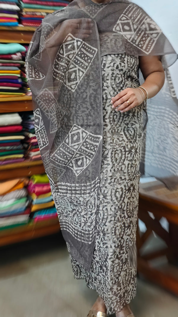 Taupe Shade Batik Printed Kota Doria Suit - GD331