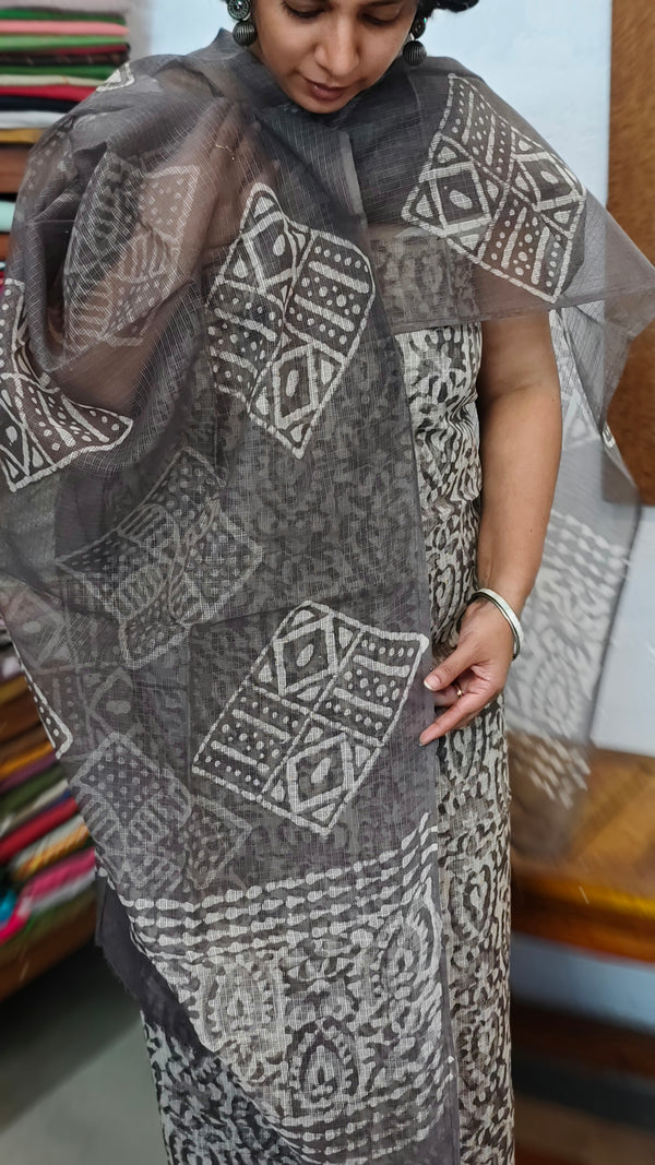 Taupe Shade Batik Printed Kota Doria Suit - GD331
