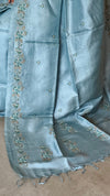 Powder Blue Tussar Silk Saree with Cross Stitch Embroidery - MCT4