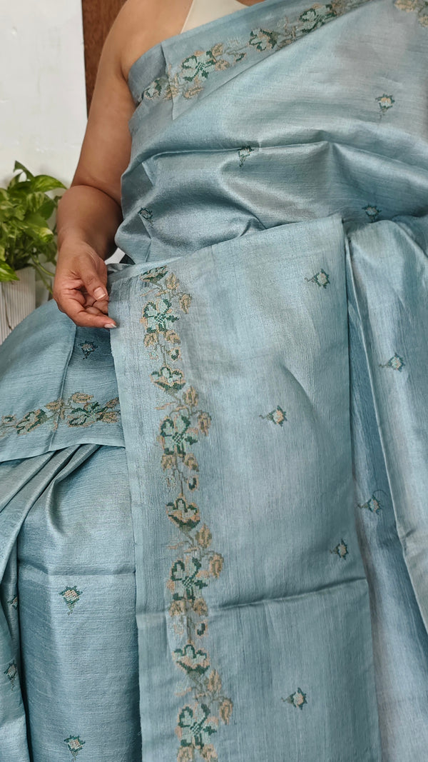 Powder Blue Tussar Silk Saree with Cross Stitch Embroidery - MCT4