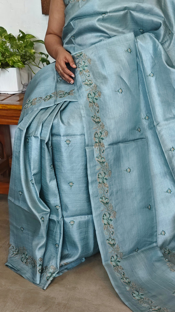 Powder Blue Tussar Silk Saree with Cross Stitch Embroidery - MCT4