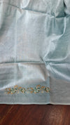 Powder Blue Tussar Silk Saree with Cross Stitch Embroidery - MCT4